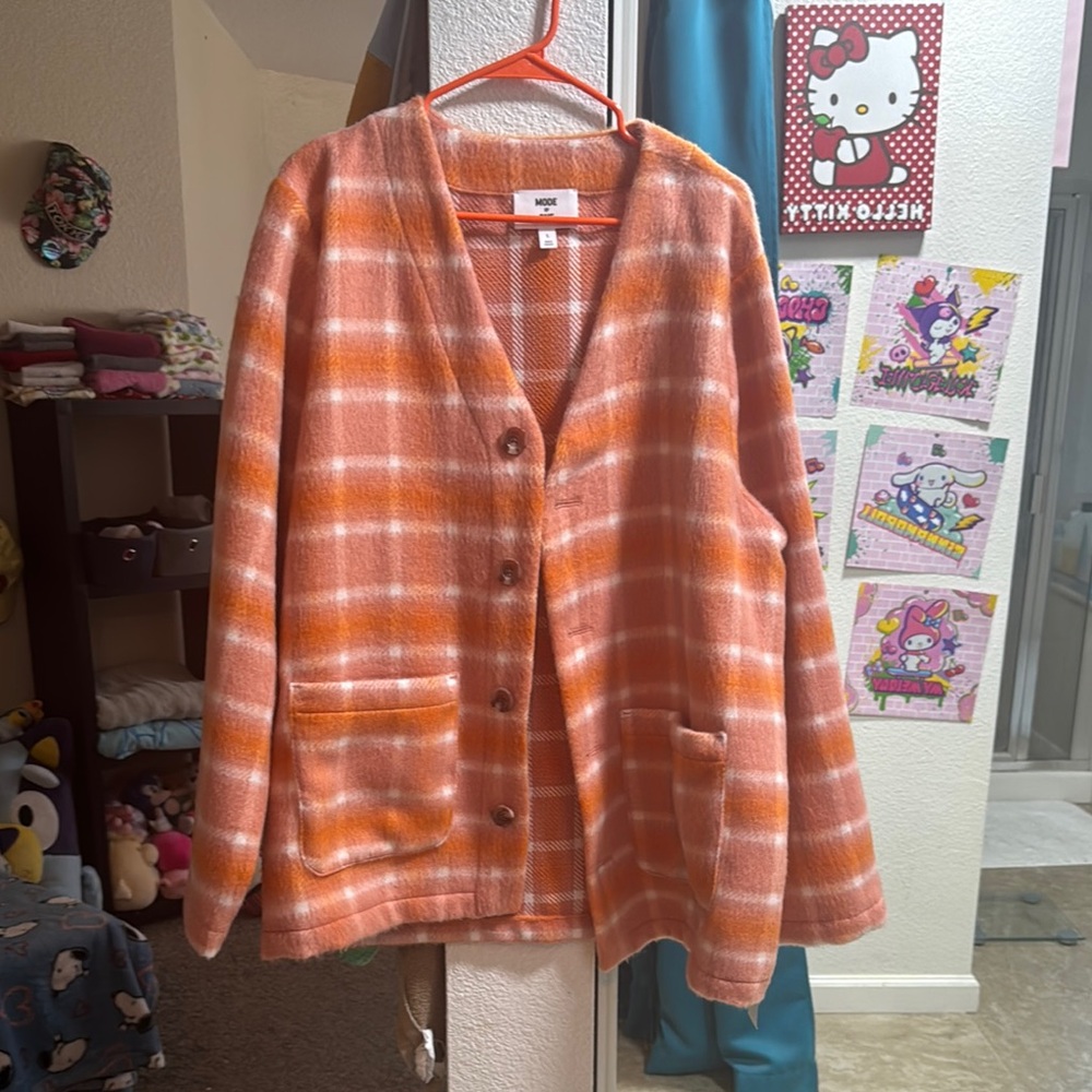 Mode of One Orange Plaid Cardigan